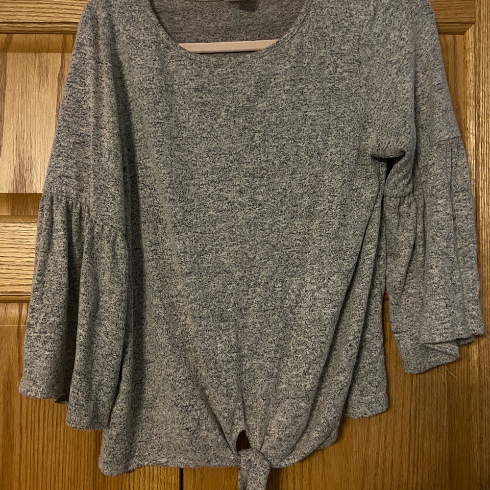 Caution To The Wind Gray Bell Sleeve Blouse with Relaxed Fit